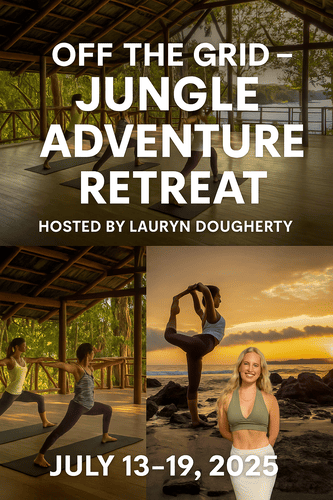 Participants enjoying a sunrise yoga session on an open-air deck surrounded by rainforest at a yoga adventure retreat in Costa Rica.